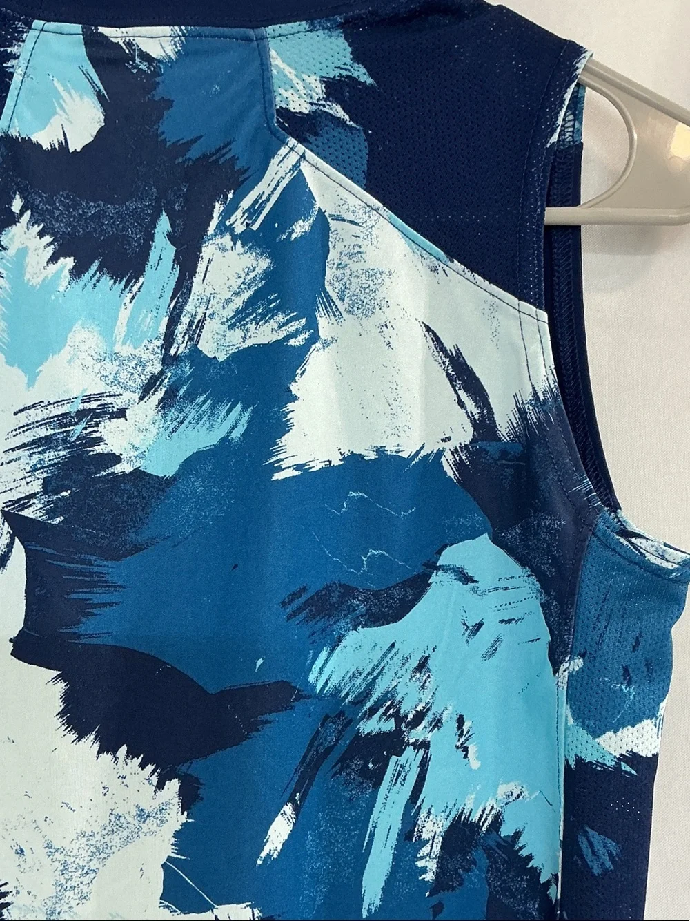 Nike Men’s Navy Tank Top with Light Blue Swoosh and Patterned Side Panels